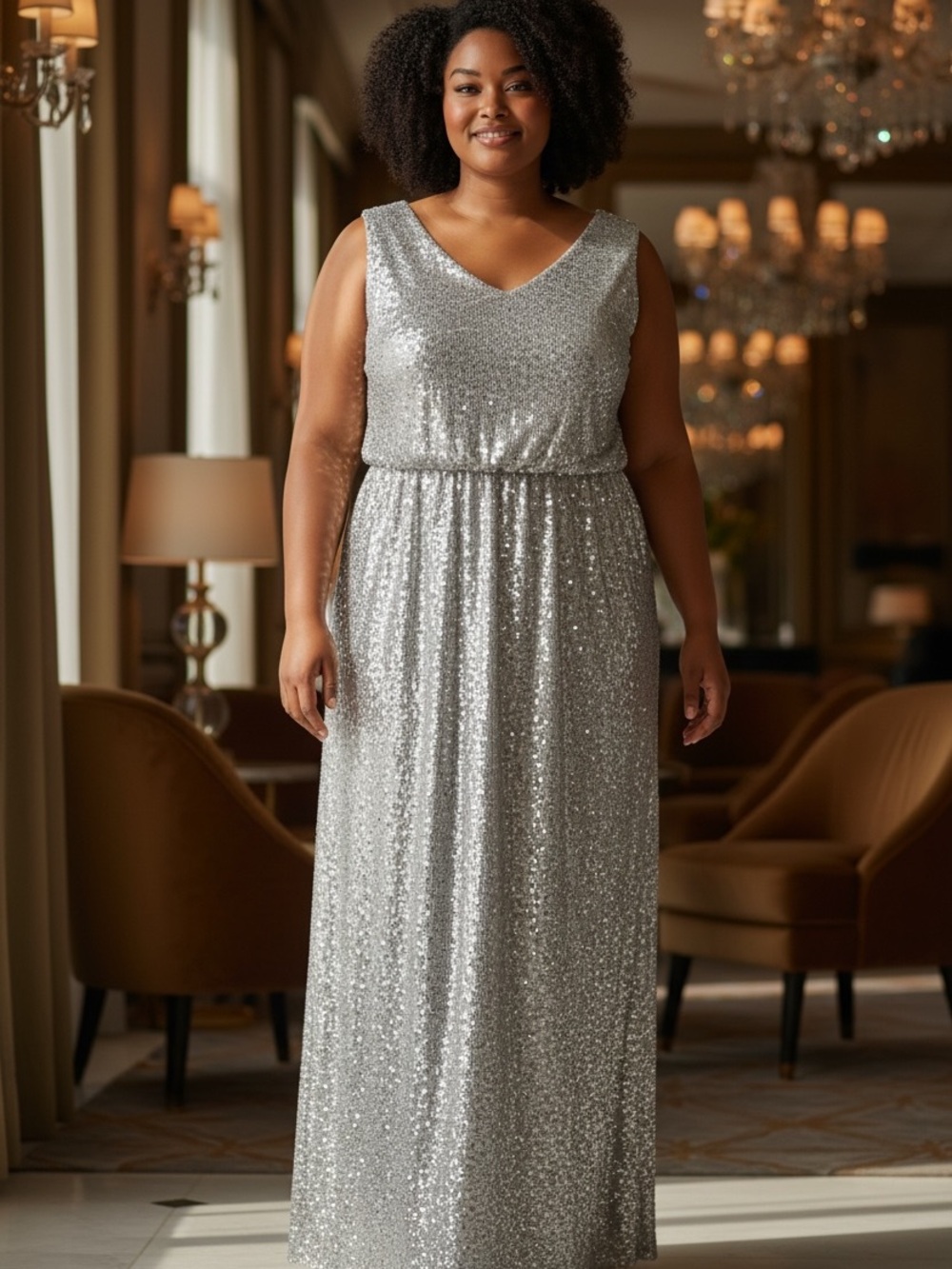 David’s Bridal Long Blouson Sequin Gown Silver Gray 1X NWT